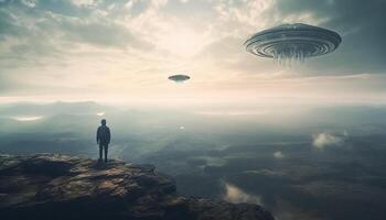 Futuristic spaceship hovering over mountain peak, men embark on adventure generated by AI photo