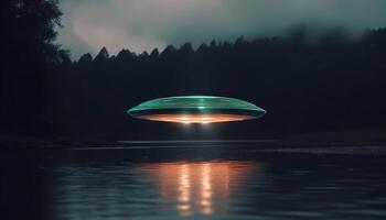 Flying saucer illuminates mysterious landscape in futuristic space adventure generated by AI photo