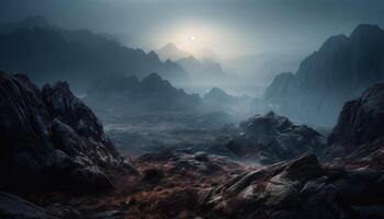 The tranquil scene of the mountain range at dusk, mysterious generated by AI photo