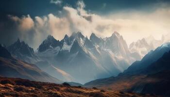 majestuoso montaña rango, tranquilo prado, y sereno puesta de sol belleza generado por ai foto