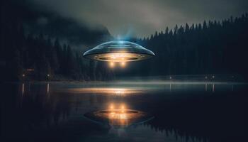 Futuristic spaceship travels through glowing galaxy, a mysterious journey generated by AI photo