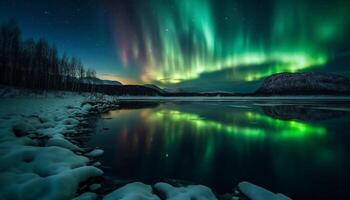 Tranquil scene illuminated by majestic aurora polaris in Alberta winter landscape generated by AI photo