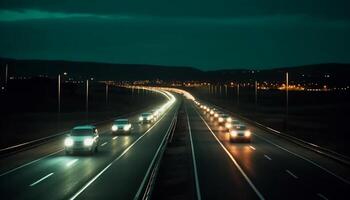 conducción mediante el ciudad a noche, iluminado por faros generado por ai foto