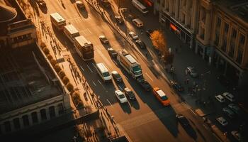 Nighttime traffic jam cars, trucks, and buses blur in motion generated by AI photo