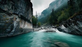 majestuoso montaña rango, tranquilo escena, fluido agua, natural belleza generado por ai foto