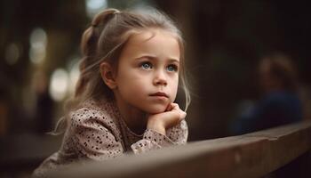 uno linda niña sentado al aire libre, sonriente y mirando a naturaleza generado por ai foto