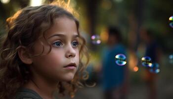 A carefree girl blowing bubbles in the beautiful autumn forest generated by AI photo