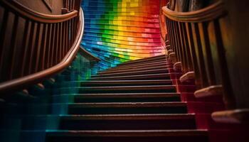 A modern staircase with wooden steps and metal railing illuminated blue generated by AI photo