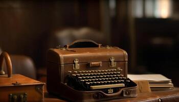 Antique typewriter on rustic table, a nostalgic still life generated by AI photo