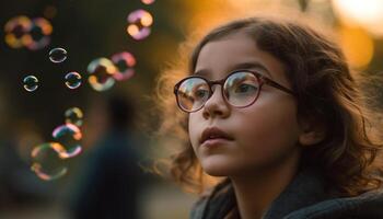 One carefree girl blowing small bubbles, enjoying nature beauty generated by AI photo