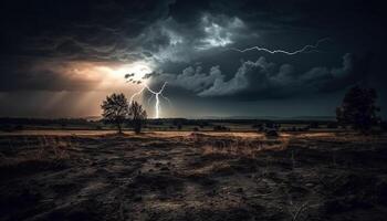 Silhouette of tree against dramatic sky in spooky forest horror generated by AI photo