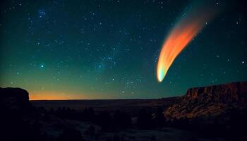 un majestuoso montaña rango iluminado por brillante estrella caminos generado por ai foto