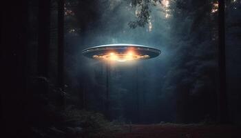 Futuristic spaceship flies through spooky forest, illuminated by moonlight generated by AI photo