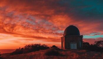 Silhouette of an old abandoned building under a starry sky generated by AI photo