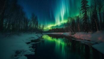 The tranquil scene of the frozen arctic illuminated by aurora generated by AI photo