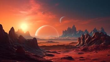 Spaceship orbits majestic planet in fantasy galaxy illustration at dusk generated by AI photo