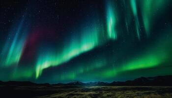 Majestic mountain range illuminated by vibrant aurora polaris in Tromso generated by AI photo