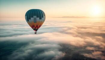 Men enjoy recreational pursuit, flying hot air balloon mid air generated by AI photo