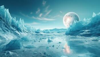 Futuristic spaceship orbits icy planet in digitally generated alien landscape generated by AI photo