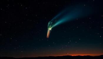 lechoso camino ilumina montaña paisaje, estrella sendero capturado mediante telescopio generado por ai foto