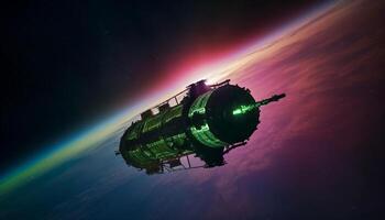 futurista astronave órbitas planeta en iluminado galaxia, un Ciencias aventuras generado por ai foto