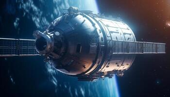 Futuristic spaceship flying through the galaxy, powered by advanced technology generated by AI photo