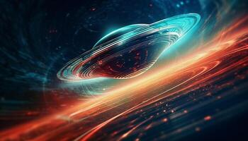 Futuristic spaceship orbits glowing planet in abstract galaxy backdrop generated by AI photo
