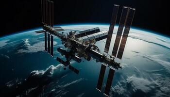 The spaceship orbits the planet in a futuristic galaxy illustration generated by AI photo