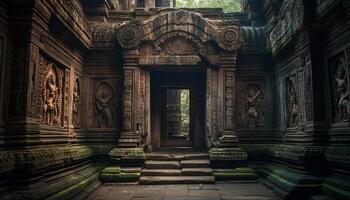 Ancient altar stands tall, adorned with intricate stone sculpture generated by AI photo