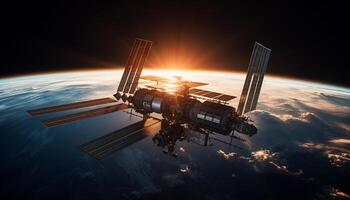 Astronauts explore the galaxy in futuristic spaceships powered by fuel generated by AI photo