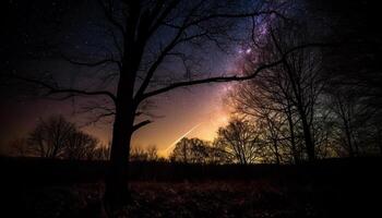 Silhouette of spooky tree against glowing Milky Way galaxy backdrop generated by AI photo