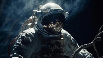 The astronaut, armed with futuristic equipment, explores the underwater nebula generated by AI photo