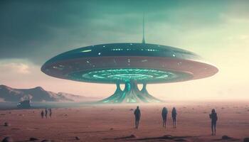 Futuristic spaceship levitates over bizarre landscape, glowing blue shape generated by AI photo