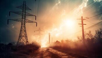 Sunrise silhouette of steel pole, grid and power line equipment generated by AI photo