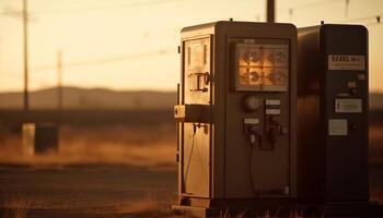 Old machinery illuminates sunset landscape, powered by fossil fuel generated by AI photo