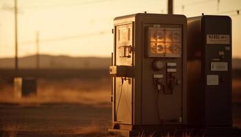 antiguo maquinaria ilumina puesta de sol paisaje, motorizado por fósil combustible generado por ai foto