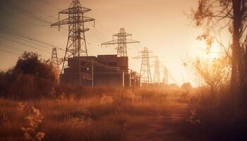 Sunset silhouette of power pylons powering industrial construction sites outdoors generated by AI photo