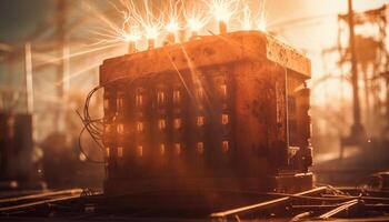 el brillante acero fábrica iluminado el noche con ardiente equipo generado por ai foto