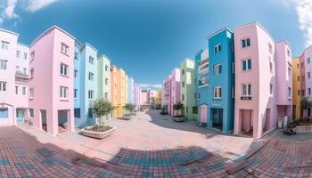 The modern cityscape multi colored facade illuminates the pink dusk sky generated by AI photo