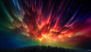 Futuristic technology illuminates multi colored star trail in majestic landscape generated by AI photo