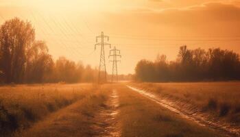 Sunset silhouette electricity pylon, power line, and steel pole vanishing generated by AI photo