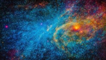 Abstract spiral galaxy illuminated by multi colored exploding supernova generated by AI photo