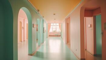 Modern hospital corridor with clean flooring and empty vanishing point generated by AI photo