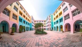 The vibrant Caribbean town square boasts a multi colored building facade generated by AI photo