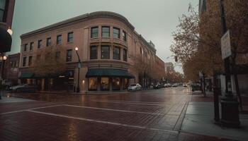 The modern city street bustles with traffic and illuminated storefronts generated by AI photo