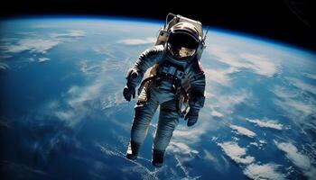 uno persona en pie medio aire, explorador el galaxia en un astronave generado por ai foto