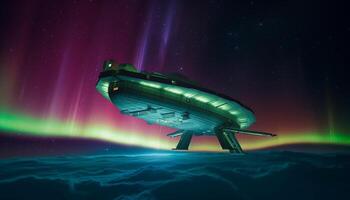 Futuristic spaceship travels through glowing galaxy in digitally generated illustration generated by AI photo