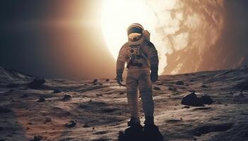 Silhouette of astronaut standing on mountain peak, exploring galaxy landscape generated by AI photo