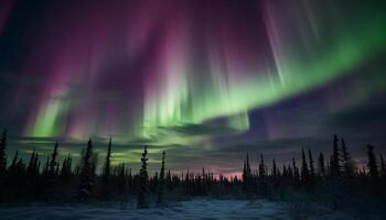 Majestic mountain range illuminated by aurora polaris, a tranquil scene generated by AI photo