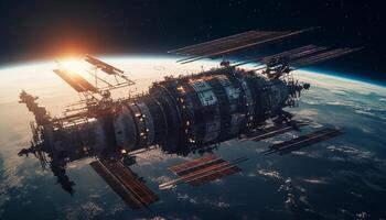 Futuristic spaceship explores galaxy, powered by natural gas and technology generated by AI photo
